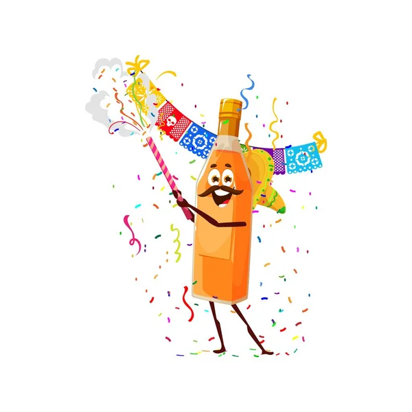 休日のパーティーでメキシコのメスカルボトルフードキャラクター 誕生日祝祭漫画ベクトルメスカルドリンク隔離マスコット ソンブレロでメキシコの飲料かわいい人格 クラッカーペタードを撮影する — ストックベクタ