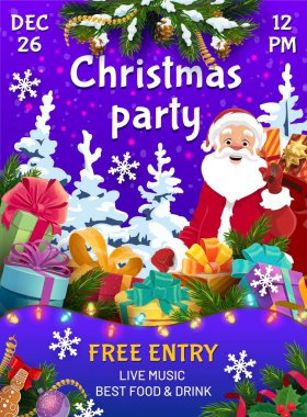 Noel partisi ilanı, Noel Baba 'yla vektör davetiye çantası, şenlikli hediyeler ve hediyeler, köknar ağacı dalları, kutsal çilek yaprakları ve kar taneleri. Tatil kutlaması için poster
