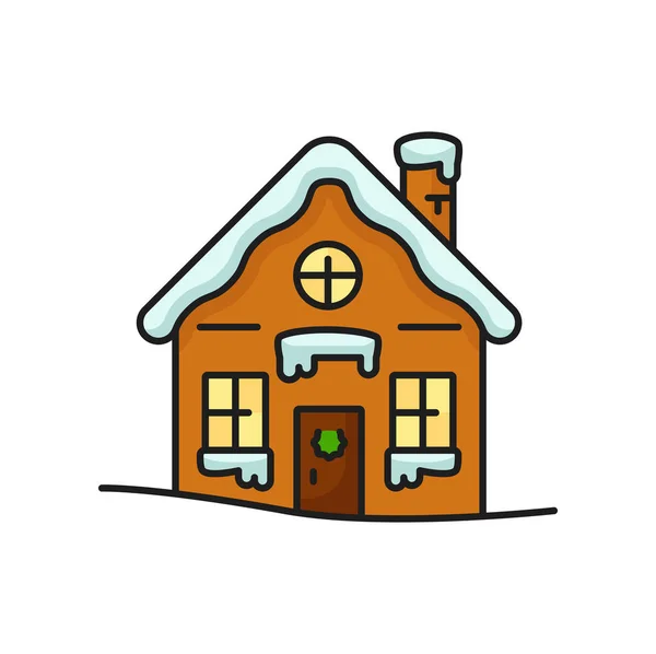 Christmas Cartoon House Snow Isolated Color Line Icon Vector Gingerbread — Stock Vector