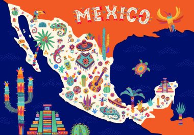 Meksika karikatür haritası, Meksika işaretleri ve turizm merkezleri, vektör arkaplan. Sombrero ve gitar, burrito ve tekila, Aztek veya Maya piramitlerinde tropikal kuşlar, hayvanlar ve çiçekler