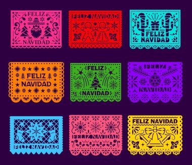 Feliz Navidad gazetesi Meksika bayrak pankartları ve vektör dekorasyonları için Pikado 'yu kesti. Meksika Fiesta papel picado Noel ağacı, kar taneleri, hediye çorap ve zencefilli kurabiye bayrakları