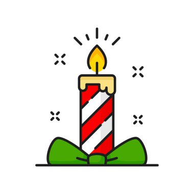 Yeşil fiyonklu Noel mumu, kış tatili tasarım elementi. Yanan mum Yeni Yıl romantik dekorasyonu