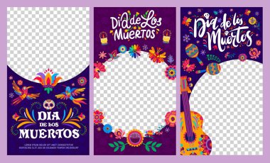 Dia de Los Muertos social media templates, Day of Dead banners with frames, vector backgrounds. Mexican holiday frames with flowers and calavera skull, guitar and maracas with candles and flowers clipart