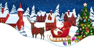 Noel kâğıdı karlı bir kasaba, karda hediyeler, kızakta Noel Baba ve çam ağacı. Çizgi film vektörü 3D kağıt kesimi sanat. Komik Peder Noel, gece sokakta geyik kızağında oturuyor. Noel arifesinde kulübeleri var.