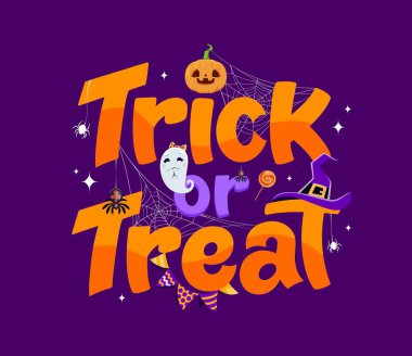 Trick or treat scary halloween banner. Vector spooky lettering adorned with eerie symbols as ghost, hat, spider and pumpkin, perfect for welcoming little ghouls and witches on a night of frightful fun clipart