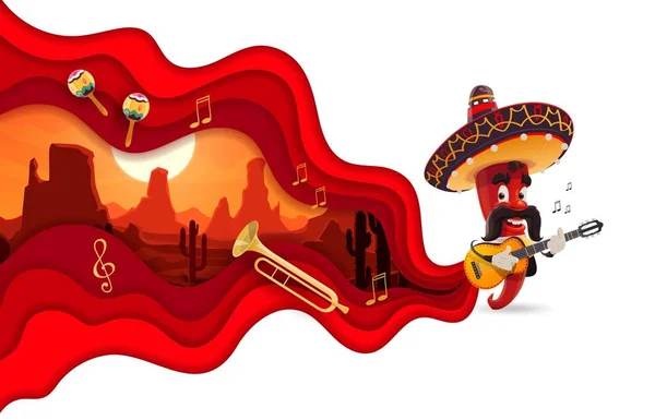 Bannière Papier Avec Poivre Mariachi Mexicain Paysage Désertique Fond Vectoriel — Image vectorielle