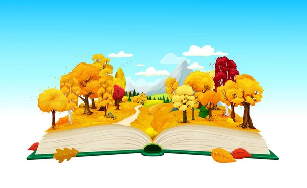 漫画书翻开了秋天的森林和高山 病媒秋天的季节 文学教育 具有秋天森林自然景观 树木和小路的童话故事书 — 图库矢量图片