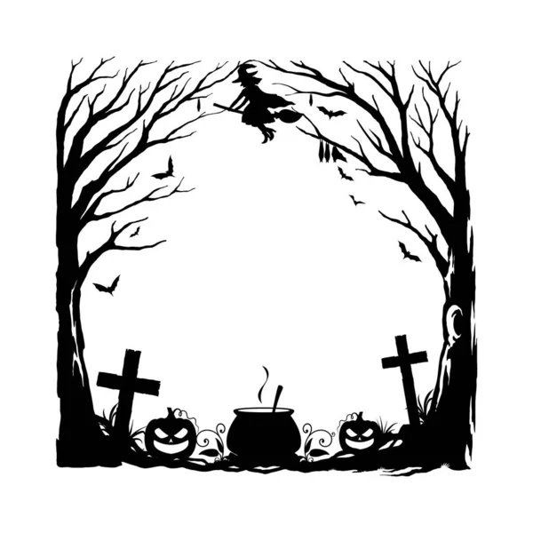 Halloween Holiday Black Frame Cemetery Pumpkins Cauldron Witch Flying Broomstick — Stock Vector