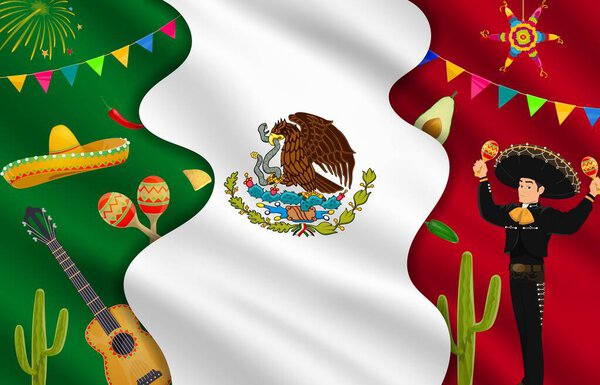 Mexican flag paper cut banner with national characters, Tex Mex food and musical instruments, vector background. Mexican holiday and fiesta party banner with man in sombrero with guitar and maracas