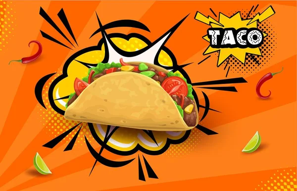 stock vector Tex Mex Mexican taco on retro halftone bubbles background, Mexico food vector background. Mexican cuisine fast food or restaurant menu poster with taco on halftone cloud boom, chili pepper and lemon