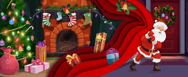圣诞纸切横幅 节日壁炉与袜子内部 卡通圣诞老人与礼物袋 病媒双博览会 圣诞或新年纸制贺卡 附有圣诞老人和礼物 — 图库矢量图片