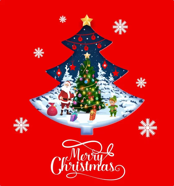 Weihnachtsbaum Aus Papier Mit Weihnachtsmann Und Elfe Vector Xmas Papercut — Stockvektor