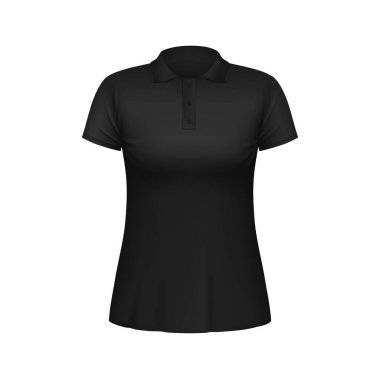 Kadınlar için siyah polo gömlek, pamuk veya polyester kumaştan yapılmış, yaka, düğmeli plaket ve kısa kollu. Sıradan ve sportif durumlar için kadın giysisi. Gerçekçi 3d vektör modellemesi