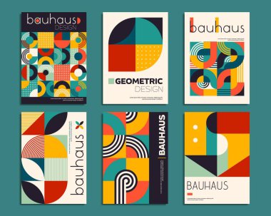 Soyut desenli Geometrik Bauhaus posterleri, vektör mozaik modern arka planlar. İskandinav veya İsviçreli Bauhaus renk sanatı ve posterler veya kapaklar için soyut geometrik mozaik desenler şekillendirir
