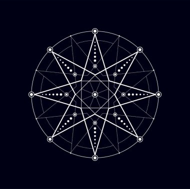 Esrarengiz, sihirli simya sembolü, meditasyon ve efsane pentagram. Vektör mistik kabile masonik aztek figürü, simetrik bağlantılı şekiller, soyut tasarım