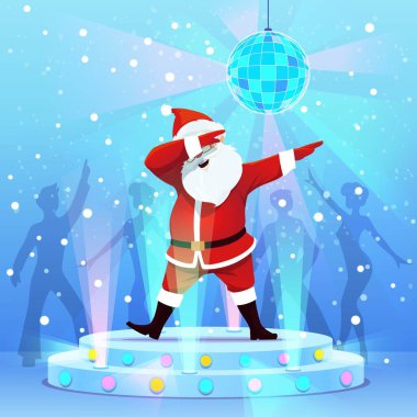 Noel Baba çizgi film karakteri kulüpteki Noel partisinde dans ediyor, vektör tatil geçmişi var. Noel Baba dans pistinde dans ediyor. Sahne ışıkları altında diskobol ve kar taneleri ile insan silueti.