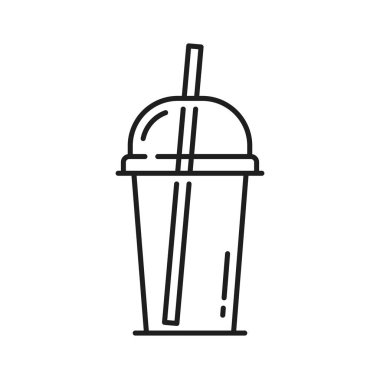 Boş plastik bardakla saman, ferahlatıcı içecek, meyve limonatası taslak ikonu. Kapaklı şeffaf bardak, bir bardak su modelleme şablonu