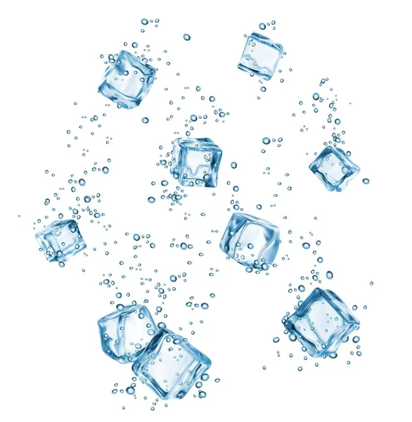 Cubos Gelo Com Gotas Água Bolhas Respingo Para Bebida Refrigerante — Vetor de Stock