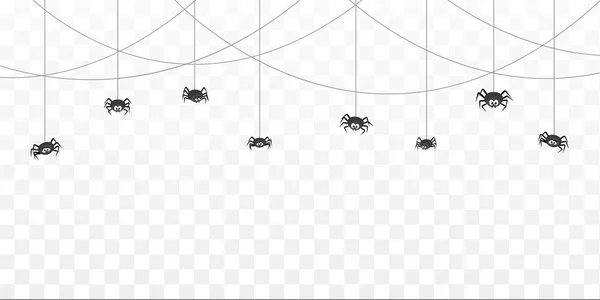 ハロウィーンのクモは面白い昆虫やコブウェブと国境を接しています つながったウェブの下に文字列にぶら下がっている目を持つ漫画の黒い怖いキャラクター ベクトルスピナーパーソナライズとスパイダーウェブモノクロフレーム — ストックベクタ