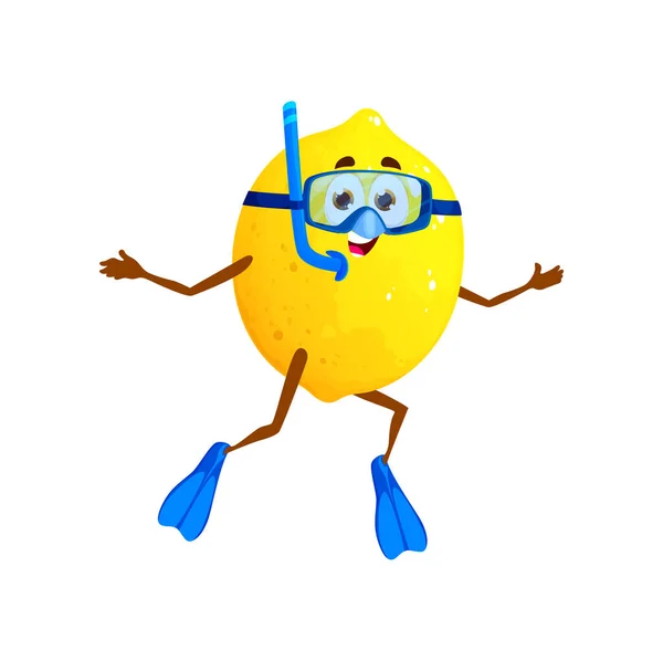 Cartoon Diver Lemon Character Citrus Fruit Summer Vacation Vector Amusing — Stock Vector