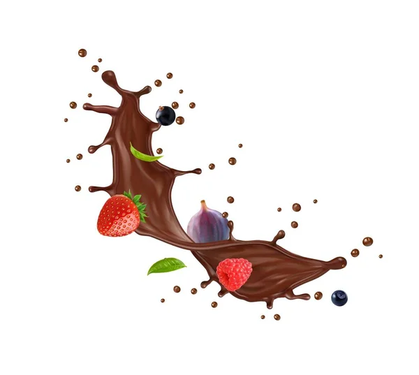 巧克力奶油和巧克力牛奶的漩涡与浆果 现实的分离病媒 覆盆子 黑醋栗和无花果在巧克力波涛中流动 或倒入波浪花作为甜食背景 — 图库矢量图片