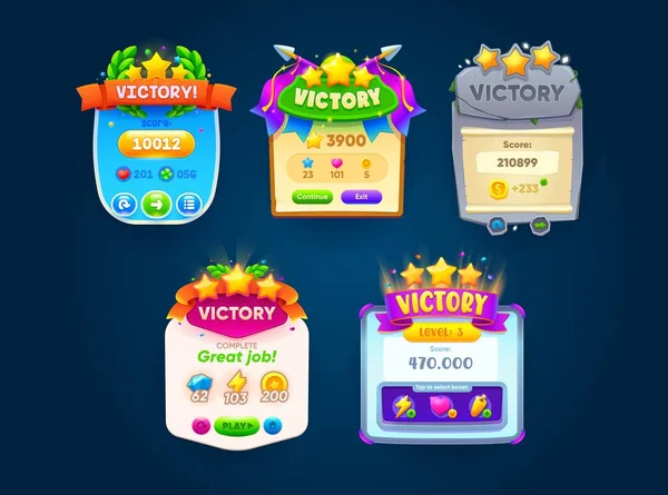 Game Victory Banner Popup Window Cartoon Vector Menu Screen Information — Stock Vector
