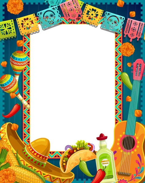 Mexican Dia Los Muertos Banner Papel Picado Flags Guitar Marigold — Stock Vector