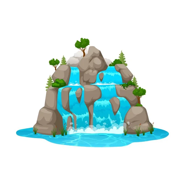 Cartoon waterfall and water cascade of mountain river, vector nature landscape. Water streams flowing over stones to blue lake with splashes, drops, white fog. Mountain waterfall cliff with trees