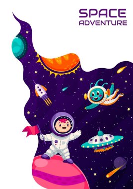 Uzay iniş sayfası. Gezegen yüzeyindeki çizgi film çocuğu astronot ve uzay boşluğunda roket ve UFO vektör şablonu olan bir uzaylı. Gezegenlerle, uzay gemileriyle ve uzay adamlarıyla dolu Galaksi manzarası