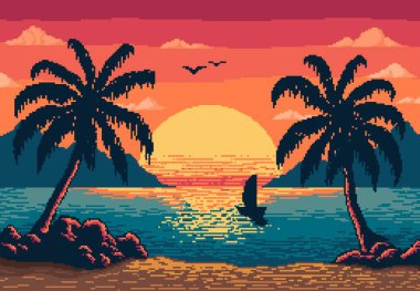 8 bit piksellik sanat, günbatımı plaj manzarası. Indie piksel oyunu tropikal ekran duvar kağıdı, 8bit arcade deniz manzaralı vektör arkaplanı veya palmiyeli ve yelkenli tekneli 16 bit konsol deniz gün batımı arka planı
