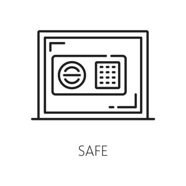 Kasa odası, tesis servisi, para ve belge güvenliği, ince çizgi ikonu. Vektör bankacılık tasarrufu, kapalı kasa güvenli işareti