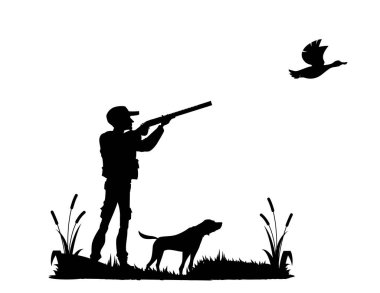 Siluet avlıyorum. Avcı av tüfeği, uçan ördek ve köpek. Ördek avlama sezonu sahnesi, atış sporu ya da hobi, hayvan avlama kupa vektör geçmişi ördeğe nişan almış insan tüfeği, işaret köpeği.