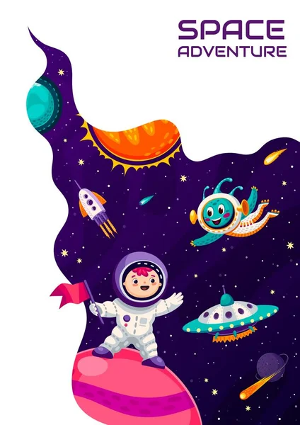 Landungsseite Des Weltraums Cartoon Kind Astronaut Auf Der Planetenoberfläche Und — Stockvektor