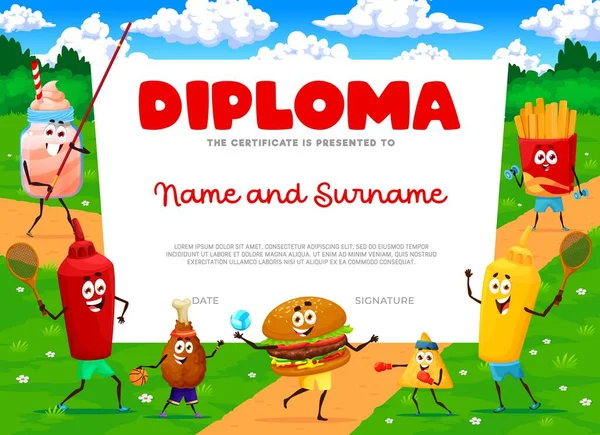 Kids Diploma Cartoon Fastfood Characters Sport Vacation Education Vector Award — Stock Vector