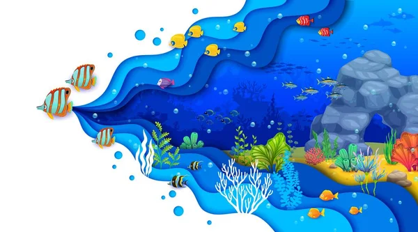 Karikatur Tropisches Meerespapier Geschnitten Unterwasserlandschaft Leuchtende Fische Und Schwärme Algen — Stockvektor