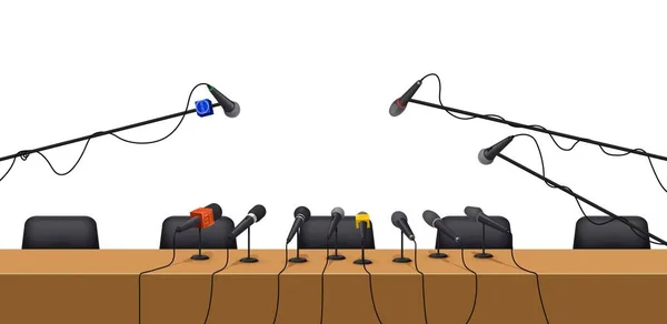 Mesa Prensa Interior Con Micrófonos Debate Político Discurso Anuncio Oradores — Vector de stock
