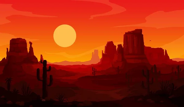 Večerní Západ Slunce Mexická Pouštní Krajina Kaktusy Létající Orlí Siluety — Stockový vektor