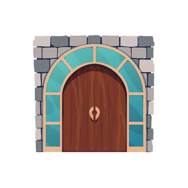 Cartoon Medieval Castle Gate Wooden Door Arch Entrance Stone Brick — Stock Vector