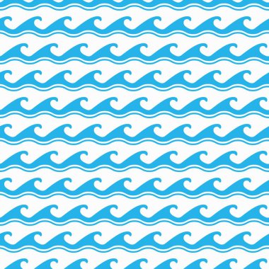 Mavi okyanus ve deniz dalgaları, kıvrımlı çizgi süslemeleri olan kusursuz desenler. Deniz doğasının mavi su sörfü arka planında soyut deniz ve okyanus fırtınası dalgaları, dalgalar ve parşömenlerin geometrik desenleri var.