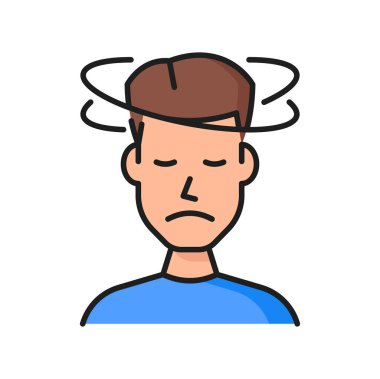 Alerji ve ateş baş dönmesi belirti renk ikonu. Sağlık problemi, virüs enfeksiyonu veya migren, endişe, stres ve baş ağrısı vektör ikonu. Baş dönmesi ve ince çizgi sembolü olan sağlıksız hasta bir adam.