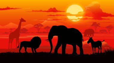 Safari hayvanları siluetleriyle Afrika gün batımı manzarası. Afrika doğa parkı, savana vahşi yaşam vektör geçmişi aslan, fil, zebra, su aygırı ve zürafa hayvanları günbatımı siluetleri