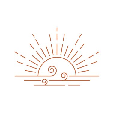 Deniz dalgalarında gün doğumu ya da gün batımı izole edilmiş bir ikon. Süsleme için vektör bohem doğrusal logo, boho güneş doğuşu ve şafak geometrik soyut tasarım ögesi