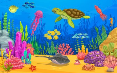 Karikatür deniz hayvanları, kaplumbağa, vatoz, denizanası ve balıklar sualtı okyanus manzarasında yüzer, vektör oyun seviyesinde. Mercan resifi sualtı dünyası, tropikal balıklar ve deniz kabukları ile denizaltı arka planı