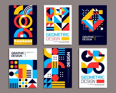 Modern soyut Bauhaus posterleri. Geometrik arkaplan desenleri ve minimum geometri şekilli vektör kolajı. Renk çemberleri, kareler, üçgenler ve noktalarla oluşturulmuş retrografik bauhaus desenleri