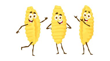 Çizgi film cavatelli İtalyan makarna komik karakter. İtalyan restoranı çiğ şehriye, tatlı karakter, İtalyan mutfağı menüsü klasik gurme komik, izole vektör kişilikleri.