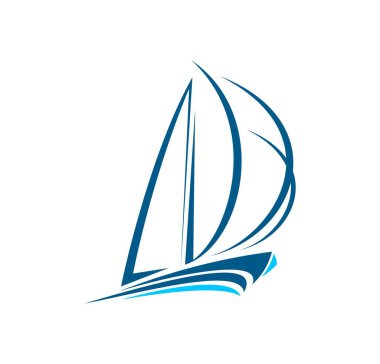 Yat teknesi, deniz yolculuğu ikonu. Yat kulübü, deniz yelken kulübü ya da su taşıma şirketi minimalist vektör işareti. Denizcilik yarışları şampiyonası amblemi ya da sembolü okyanusta yelkenli teknesi