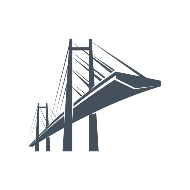 Köprü inşaat ikonu, vektör şehir mimarisi ve şehir yolculuğu. Asma köprü, yol ya da otoyol üstgeçidi, kuleleri ve kabloları olan modern bina silueti, ulaşım altyapısı nesnesi