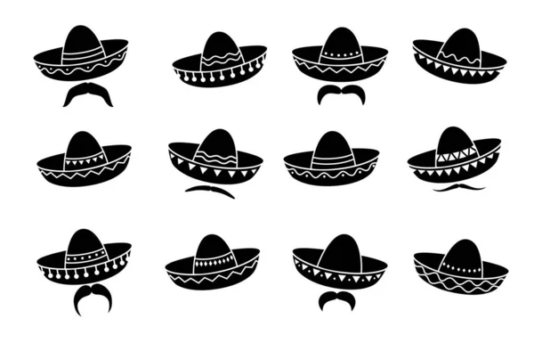 Μεξικανός Charro Cowboy Μουσικός Mariachi Sombrero Καπέλο Εικονίδια Και Μουστάκια — Διανυσματικό Αρχείο