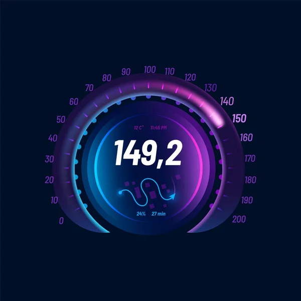 Speedometer Neon Dial Speed Gauge Dashboard Futuristic Interface Automobile Dashboard — Stock Vector