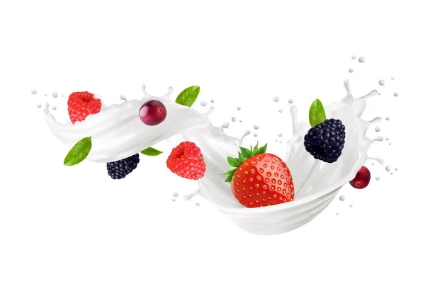 Milk Wave Splash Forest Berries Realistic Dairy Drink Flow Strawberry — Stock Vector